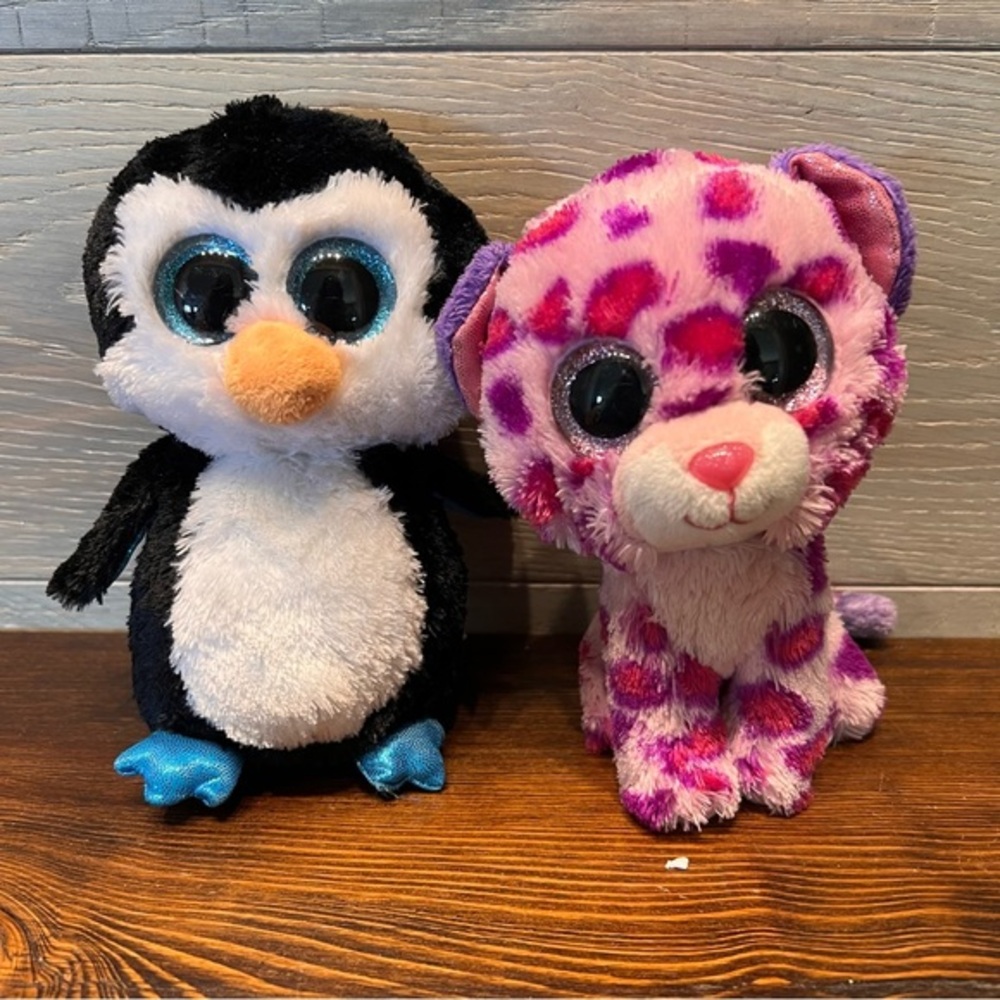 Beanie Boo TY Lot Of 2 Glamour‎ The Pink Leopard Waddles The Penguin READ